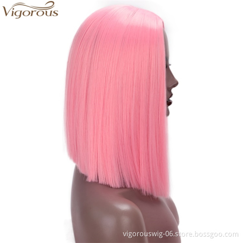 Vigorous 14 inches Short Straight Bob Wig Middle Part Pink Heat Resistant Synthetic Wig Cosplay Daily Use For Women